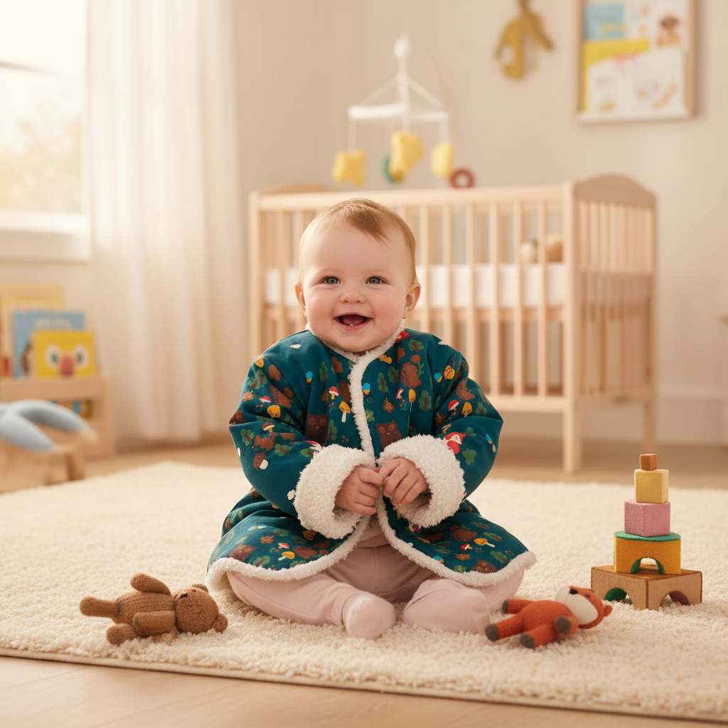 Baby in woodland jacket - nursery