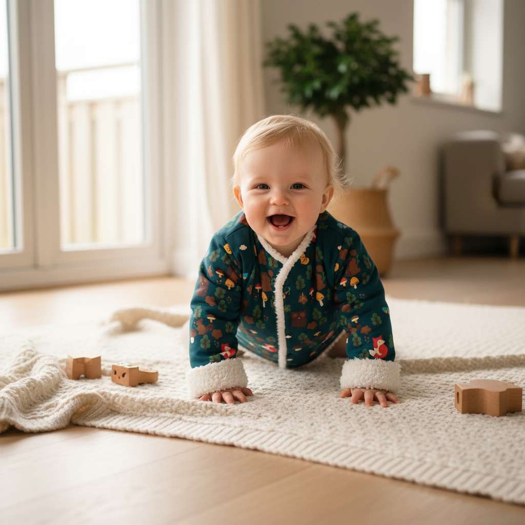 Baby in woodland jacket - playing