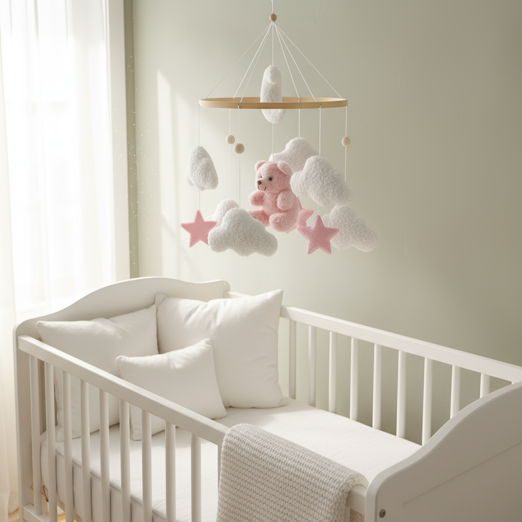 Baby mobile above bed - morning light