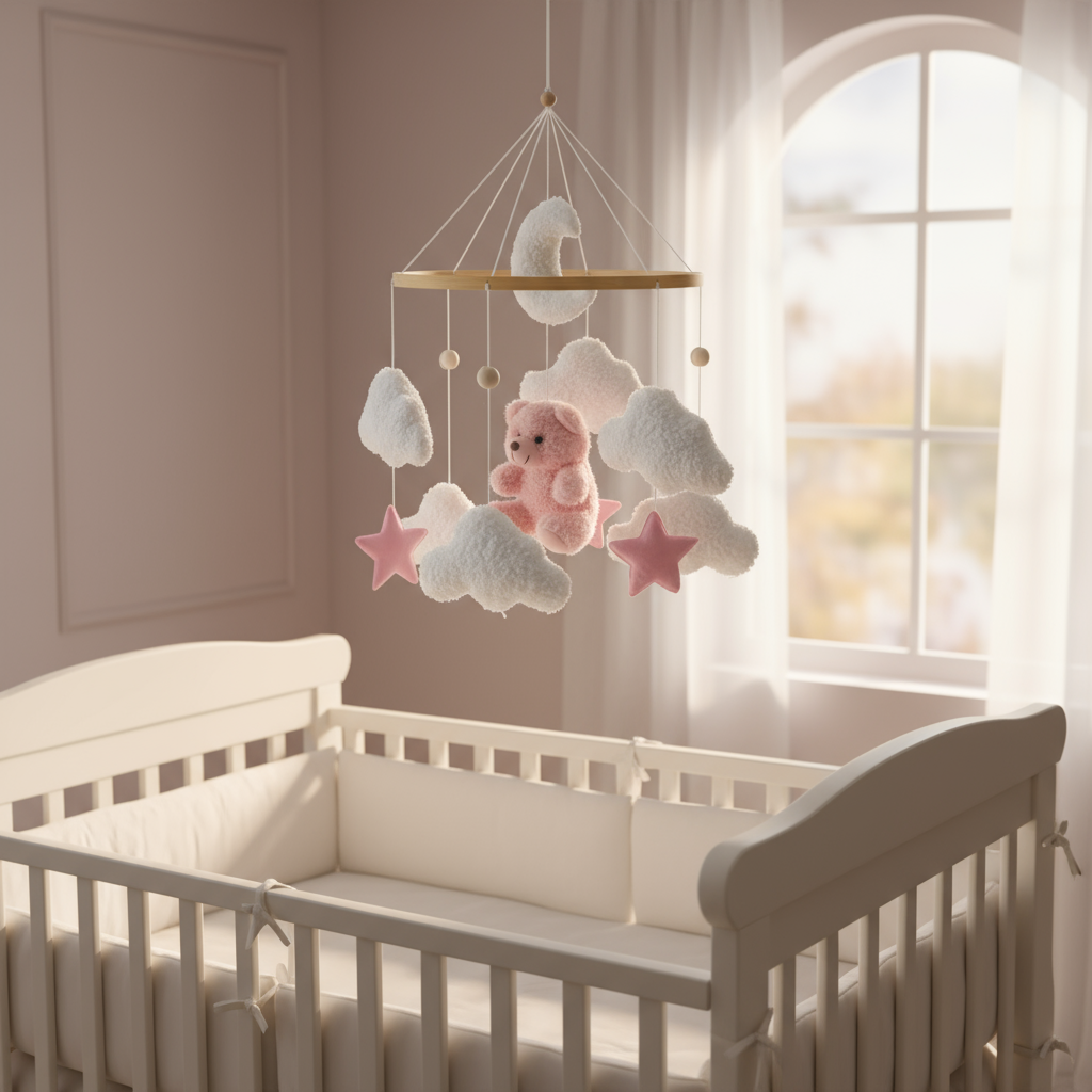 Baby mobile above crib - evening light