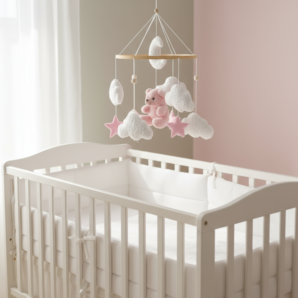 Baby mobile above crib - side view