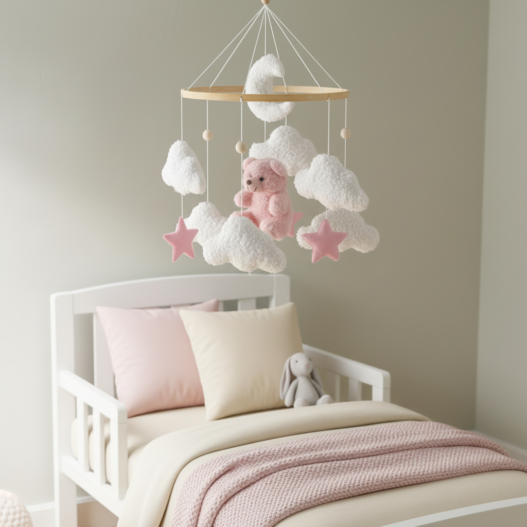 Baby mobile above toddler bed - close-up