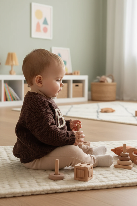 Baby side profile playing with toys