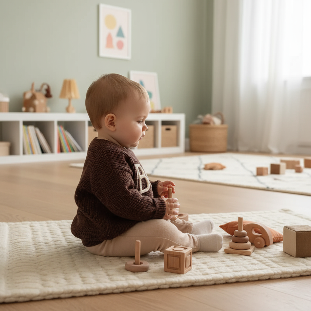 Baby side profile playing with toys