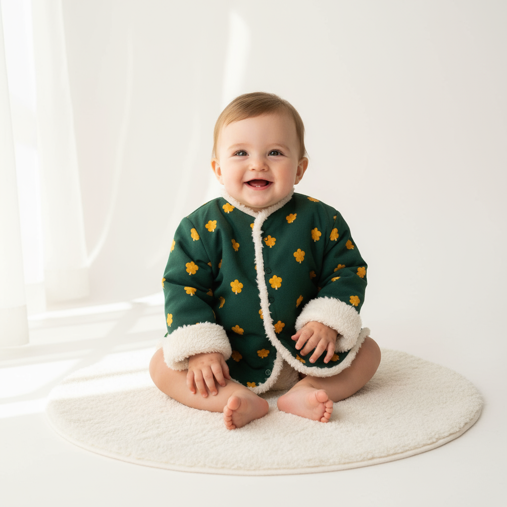 Baby sitting in green jacket