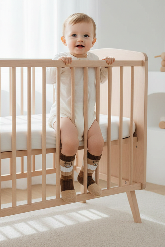 Baby standing in crib wearing bear socks