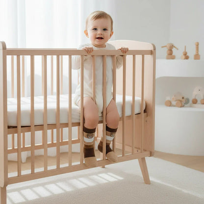 Baby standing in crib wearing bear socks