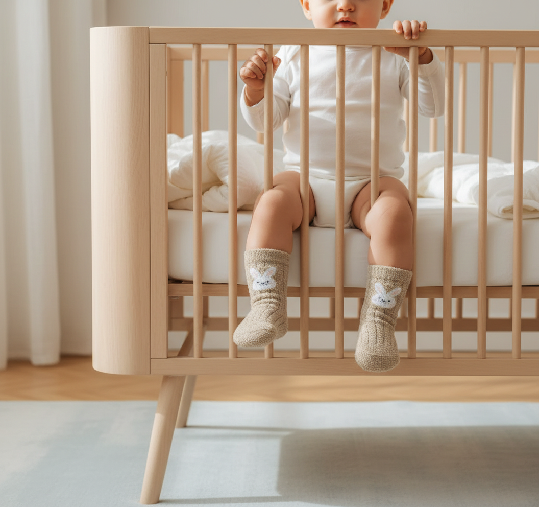 Baby wearing beige fuzzy socks - front view