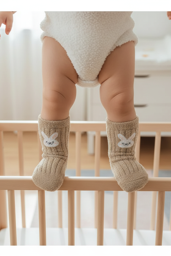 Baby wearing beige fuzzy socks - overhead view