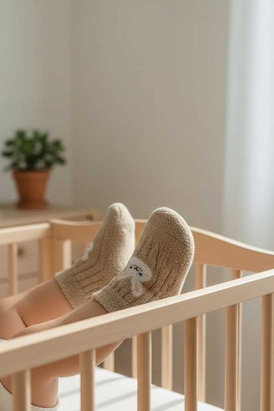 Baby wearing beige fuzzy socks - side view