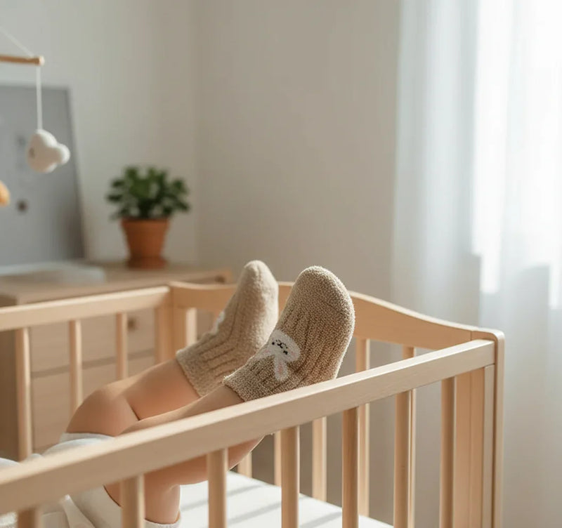 Baby wearing beige fuzzy socks - side view