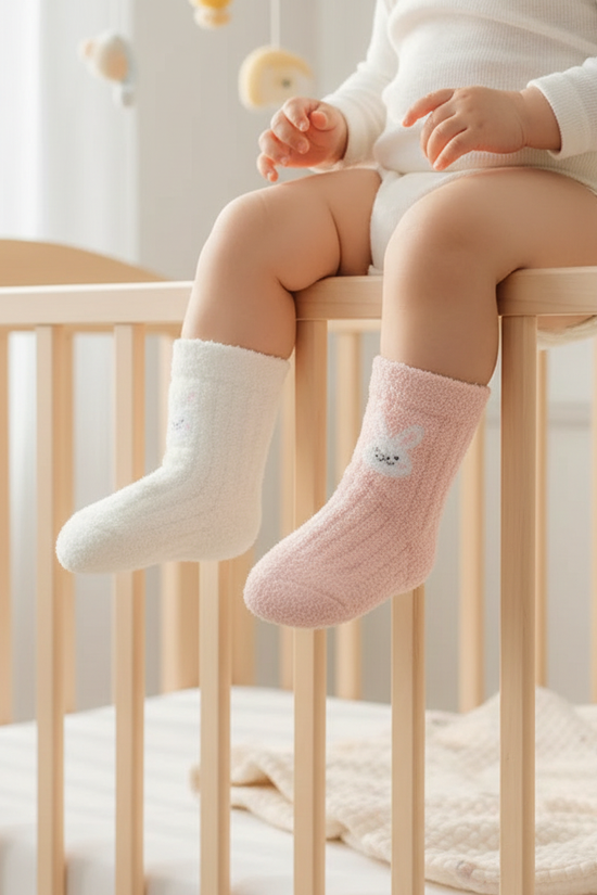 Baby wearing fuzzy socks - front view
