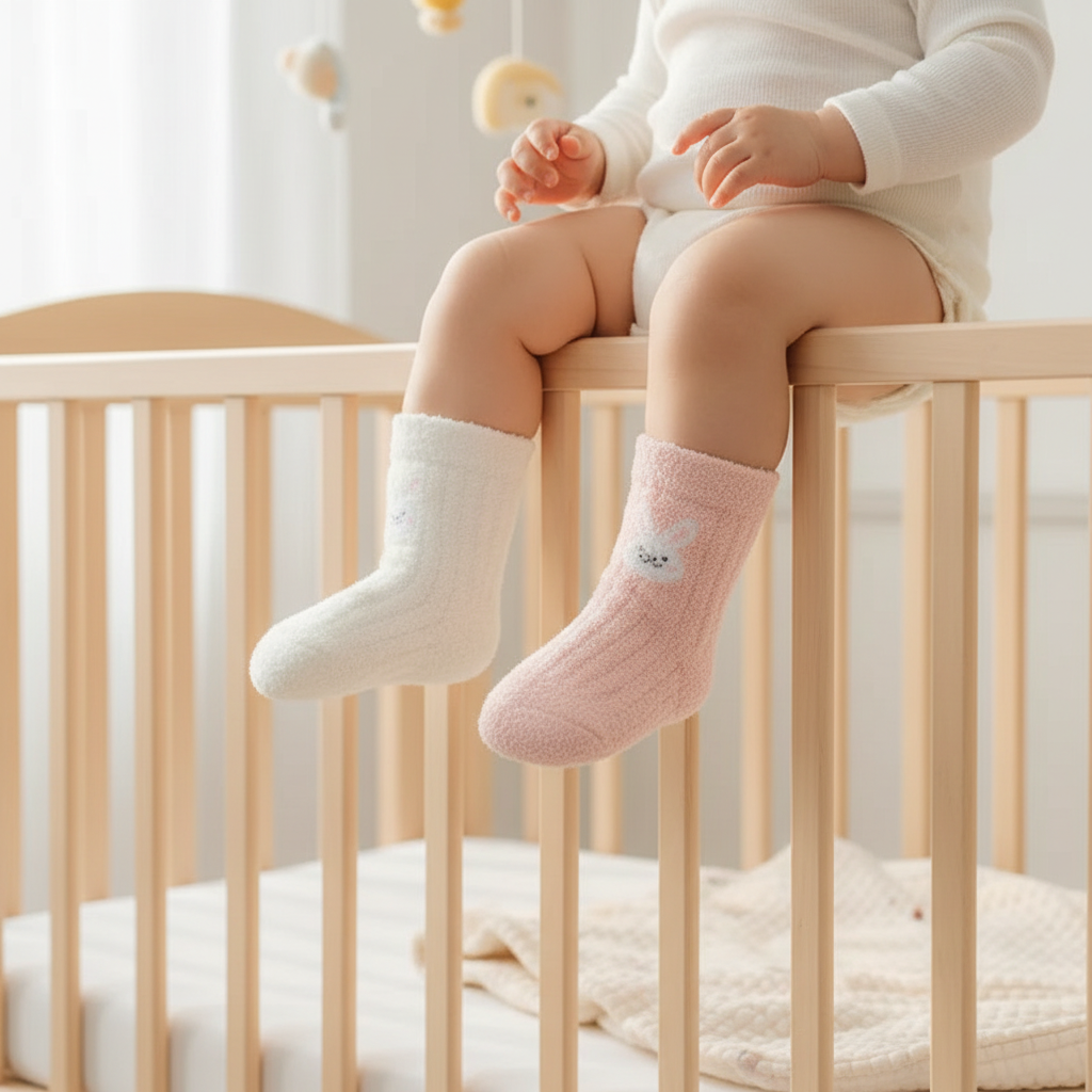 Baby wearing fuzzy socks - front view