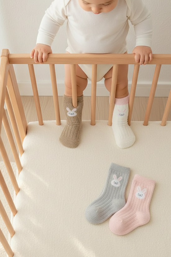 Baby wearing fuzzy socks - overhead view