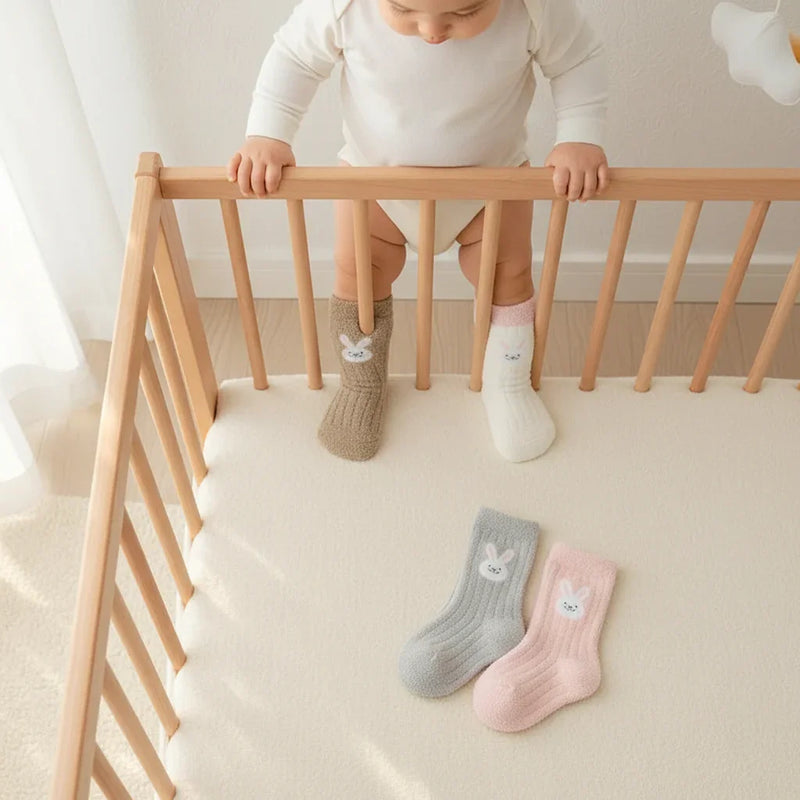 Baby wearing fuzzy socks - overhead view