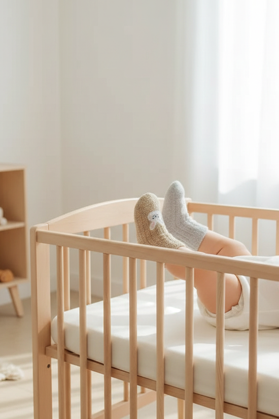 Baby wearing fuzzy socks - side view