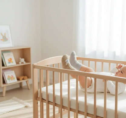 Baby wearing fuzzy socks - side view