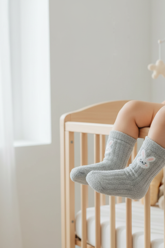 Baby wearing gray fuzzy socks - front view