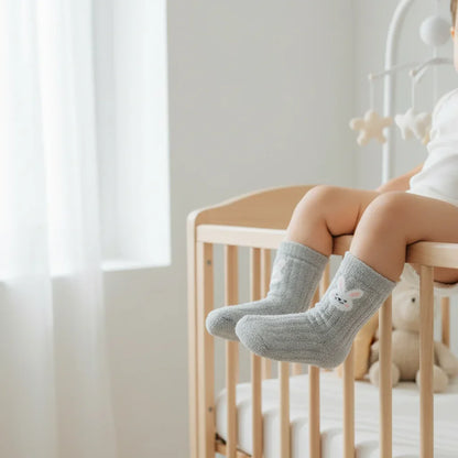 Baby wearing gray fuzzy socks - front view