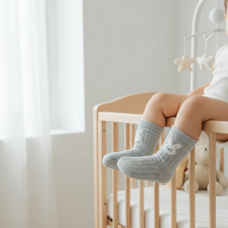 Baby wearing gray fuzzy socks - front view