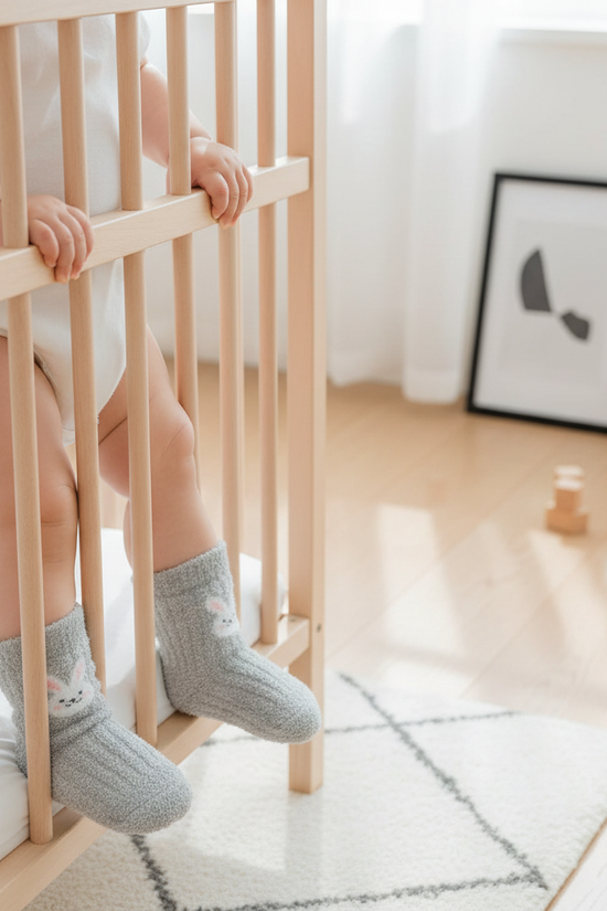 Baby wearing gray fuzzy socks - overhead view