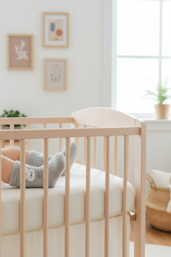 Baby wearing gray fuzzy socks - side view