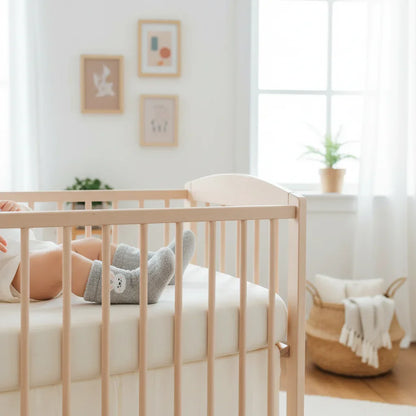 Baby wearing gray fuzzy socks - side view