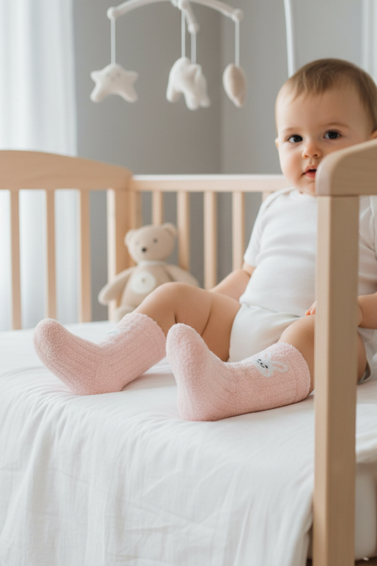 Baby wearing pink fuzzy socks - front view