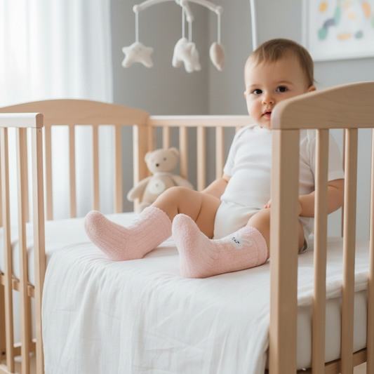 Baby wearing pink fuzzy socks - front view