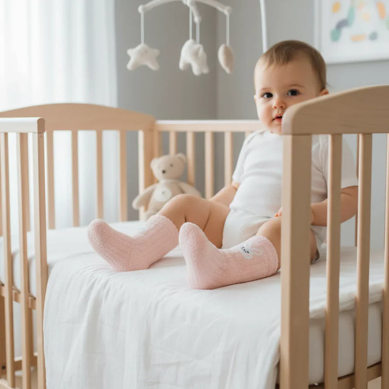 Baby wearing pink fuzzy socks - front view