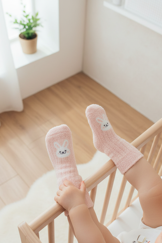 Baby wearing pink fuzzy socks - overhead view