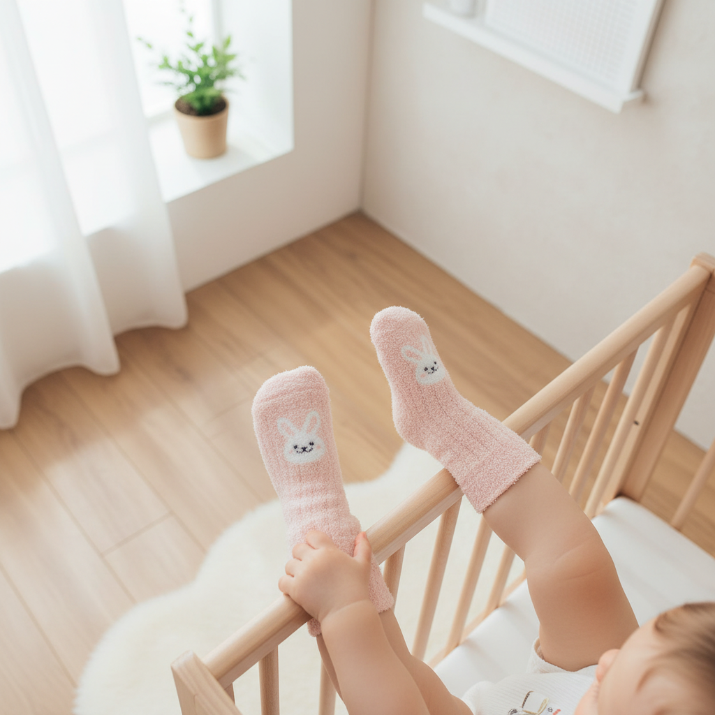 Baby wearing pink fuzzy socks - overhead view