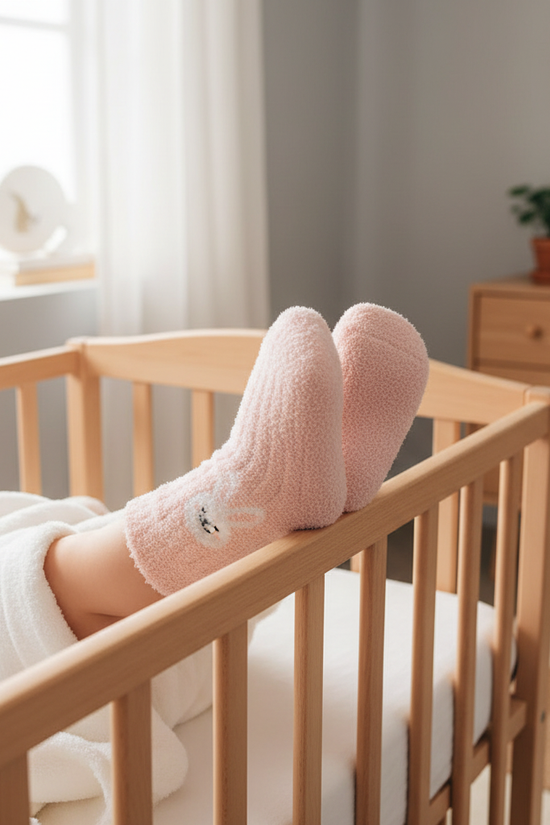 Baby wearing pink fuzzy socks - side view
