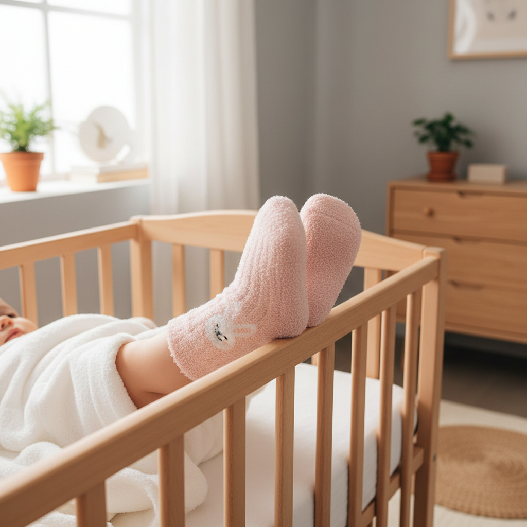 Baby wearing pink fuzzy socks - side view