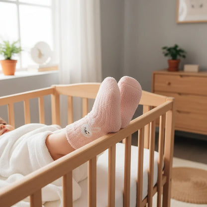 Baby wearing pink fuzzy socks - side view