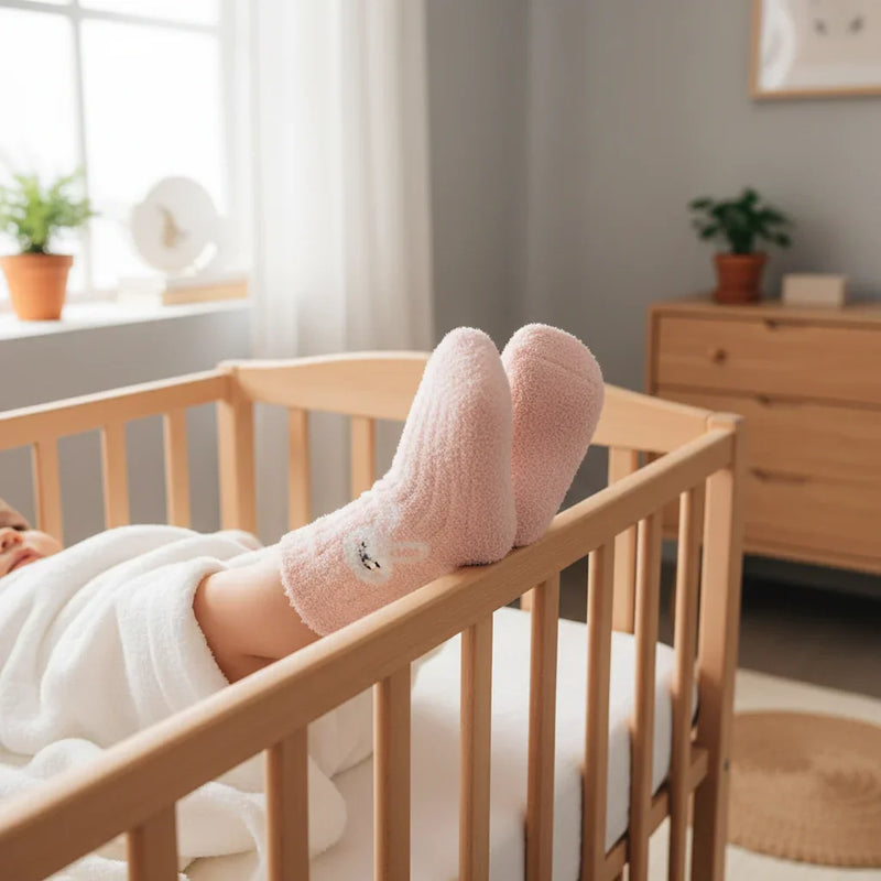 Baby wearing pink fuzzy socks - side view