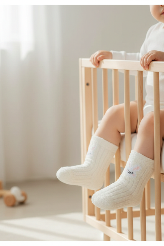 Baby wearing white fuzzy socks - front view