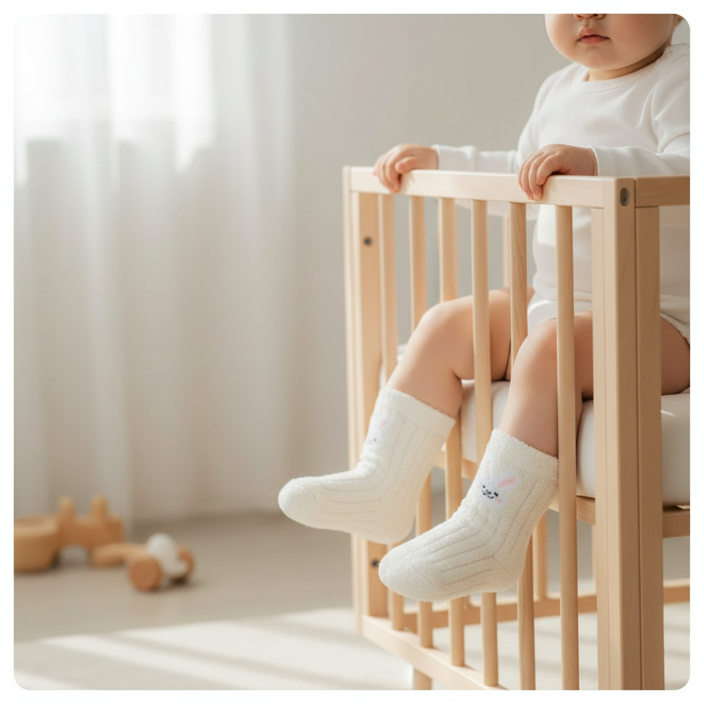 Baby wearing white fuzzy socks - front view