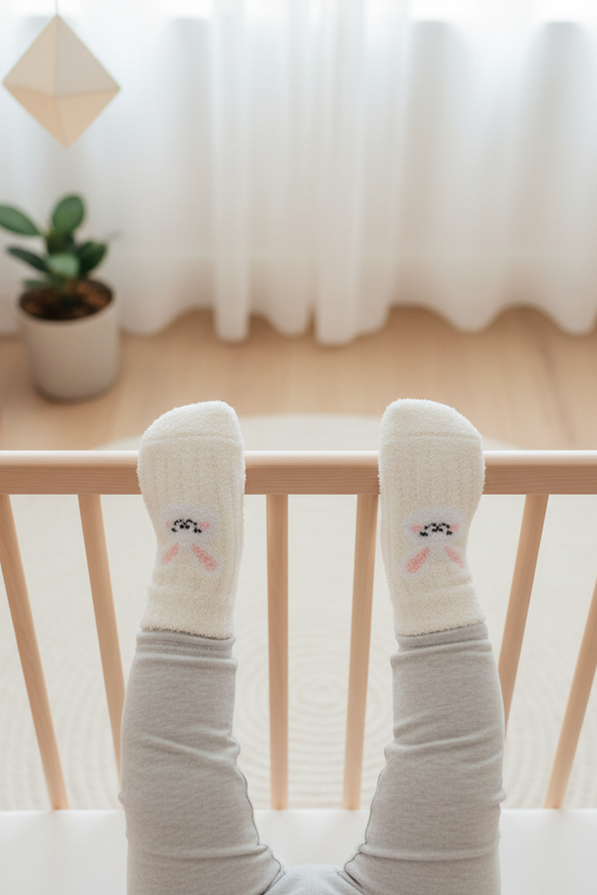 Baby wearing white fuzzy socks - overhead view