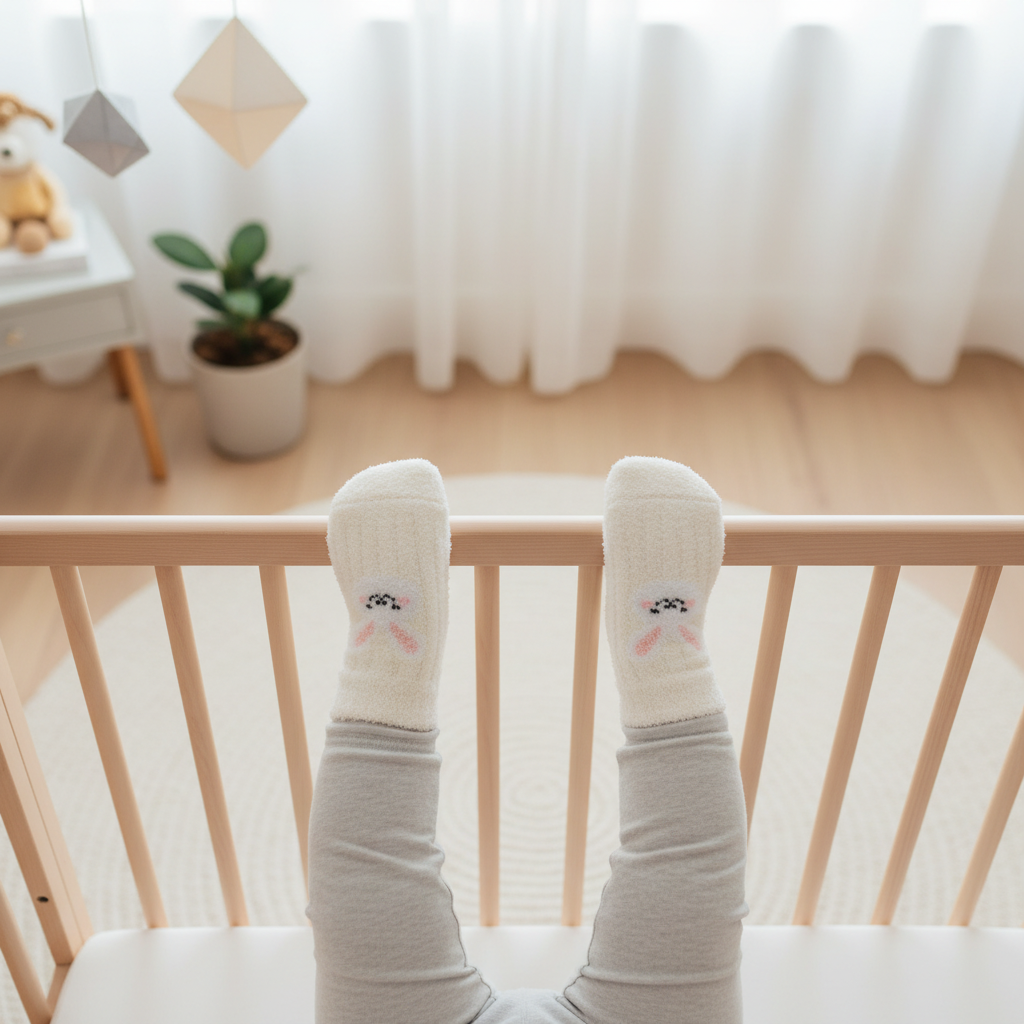 Baby wearing white fuzzy socks - overhead view