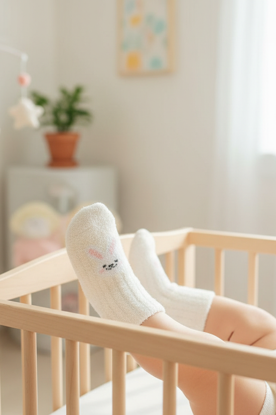 Baby wearing white fuzzy socks - side view
