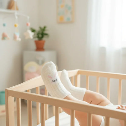 Baby wearing white fuzzy socks - side view