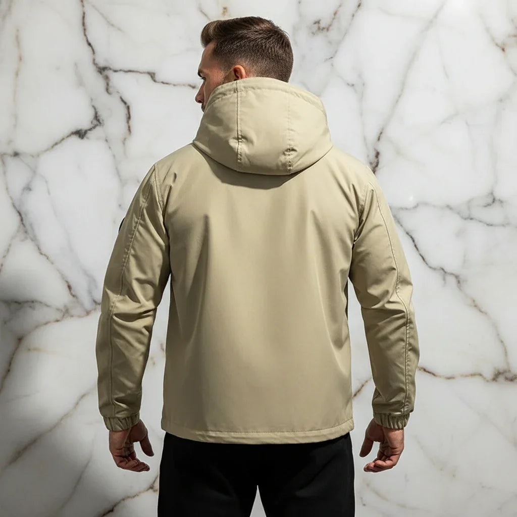 Back view - athletic man in khaki jacket