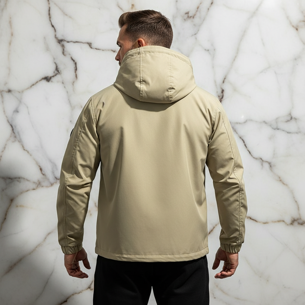 Back view - athletic man in khaki jacket