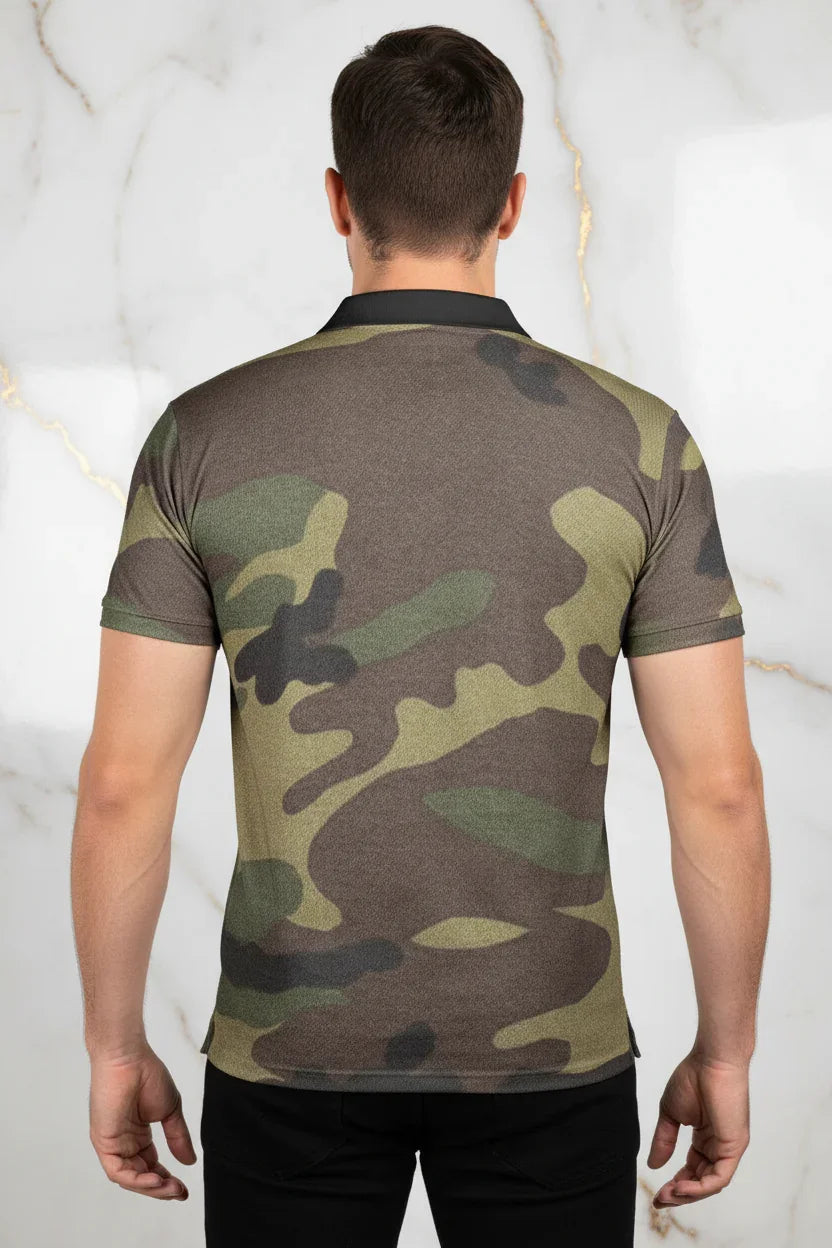 Back view of man in camouflage print t-shirt and black pants, Ivorynn fashion apparel