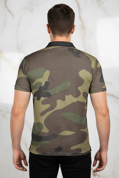 Back view of man in camouflage print t-shirt and black pants, Ivorynn fashion apparel