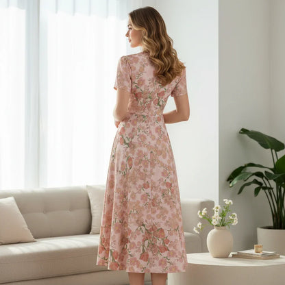 Woman in pink floral dress standing in modern living room with natural light, Ivorynn fashion