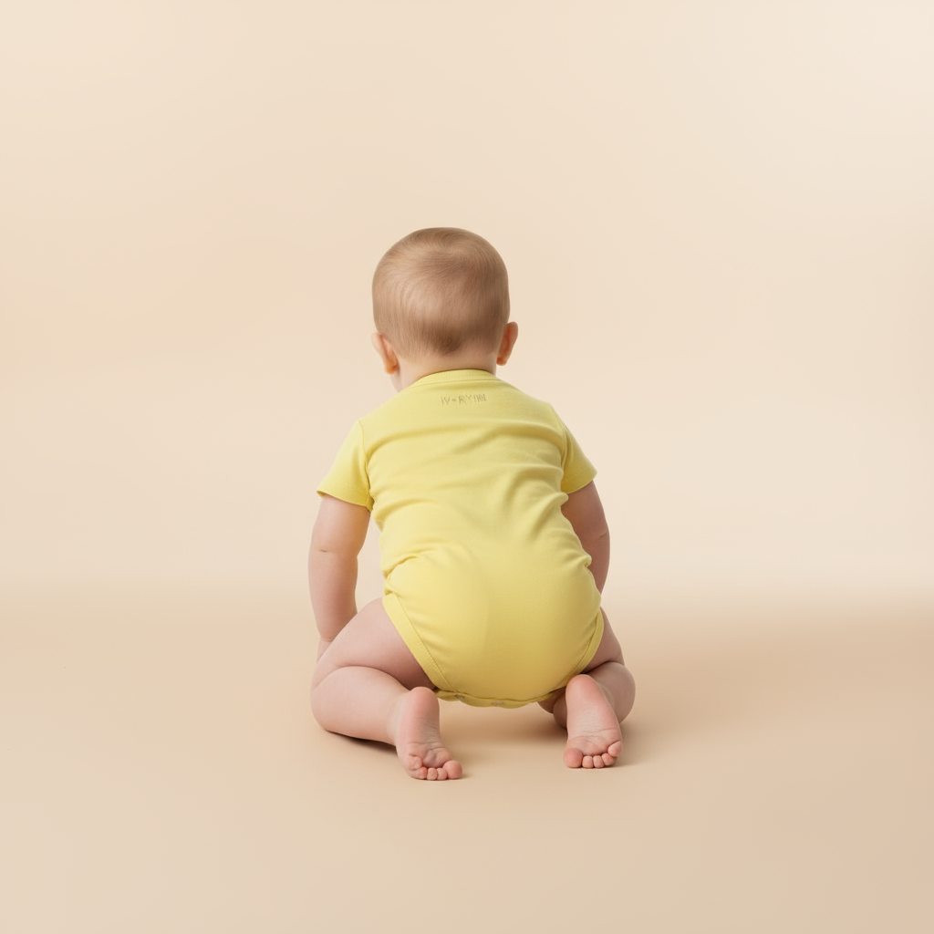 Back view of baby in yellow onesie