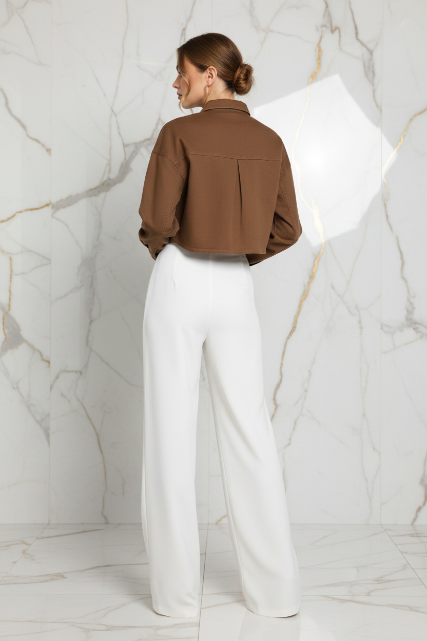 Back view of brown denim shirt with white pants on marble background