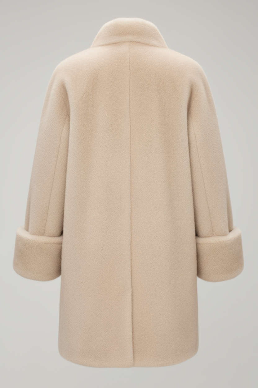 Back view of cream faux fur jacket on light background